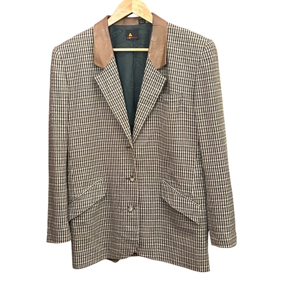 Vintage Liz Sport Houndstooth Blazer Wool Leather Collar Made in Korea Academia